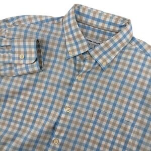 Peter Millar Mens Blue Tan Gingham Checkered Long Sleeve Button Down Shirt Large
